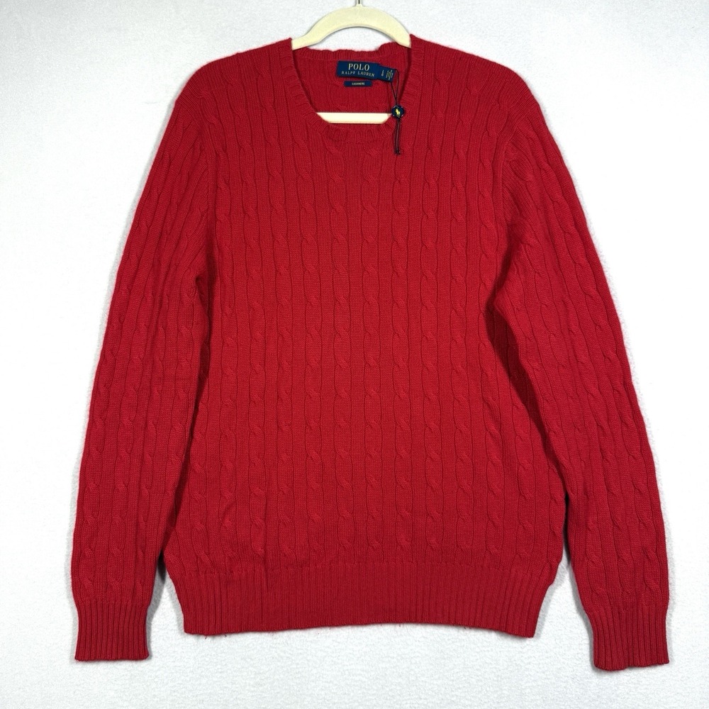 Polo Ralph Lauren Cashmere Sweater Mens Large Cable Knit Crewneck Pullover Red